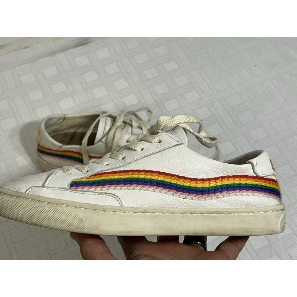 Soludos White Leather Shoe Women's Size 9 Rainbow Sunrise Embroidery Retro 80s
